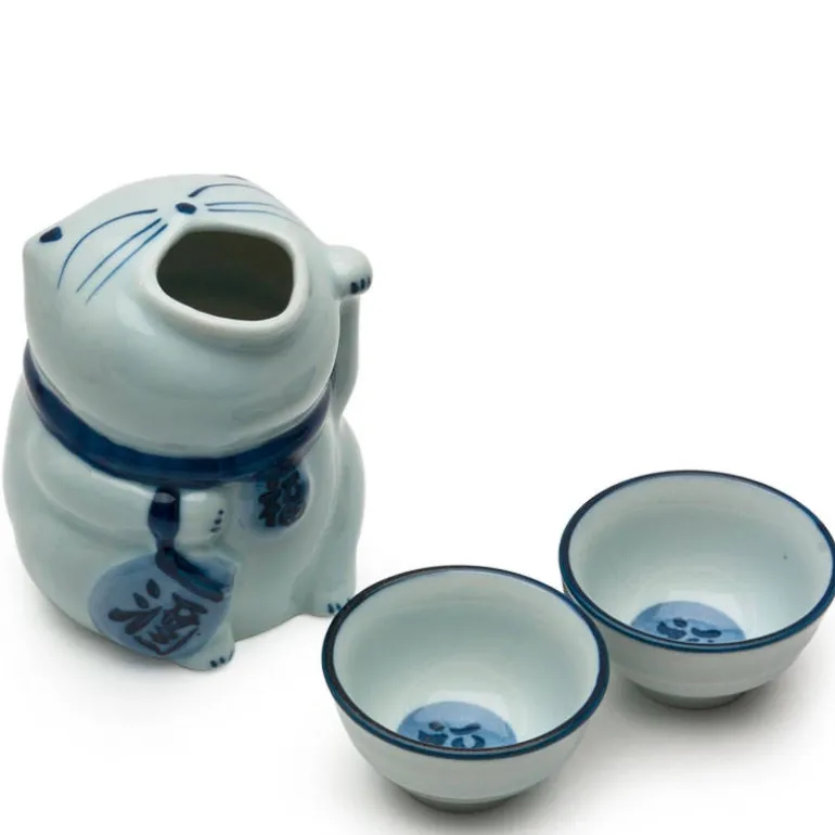 Blue & White Cat Sake Set at Miya