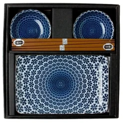 Blue and white snow pattern sushi for two set made in Japan available at Miya.