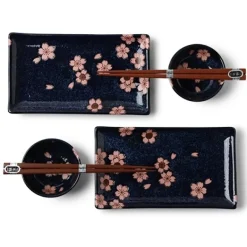 Blue ceramics with pink sakura design made in Japan available at Miya.