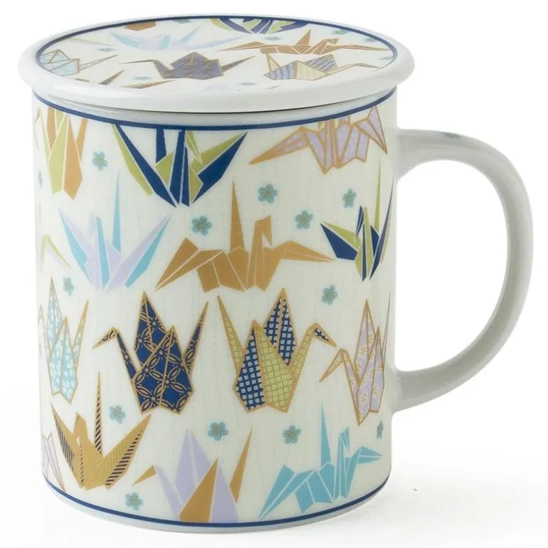 Blue Origami Cranes Lidded Mug at Miya