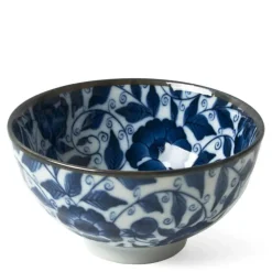 Koimari Botan blue and white floral 4.5" rice bowl at Miya