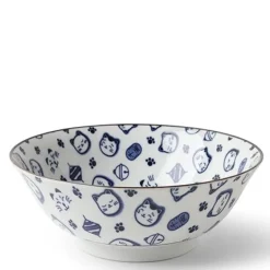 Maneki Neko Fortune Cat Pattern Blue and White Bowl Made in Japan Available at Miya.