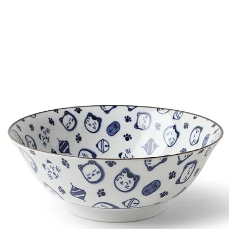Maneki Neko Fortune Cat Pattern Blue and White Bowl Made in Japan Available at Miya.