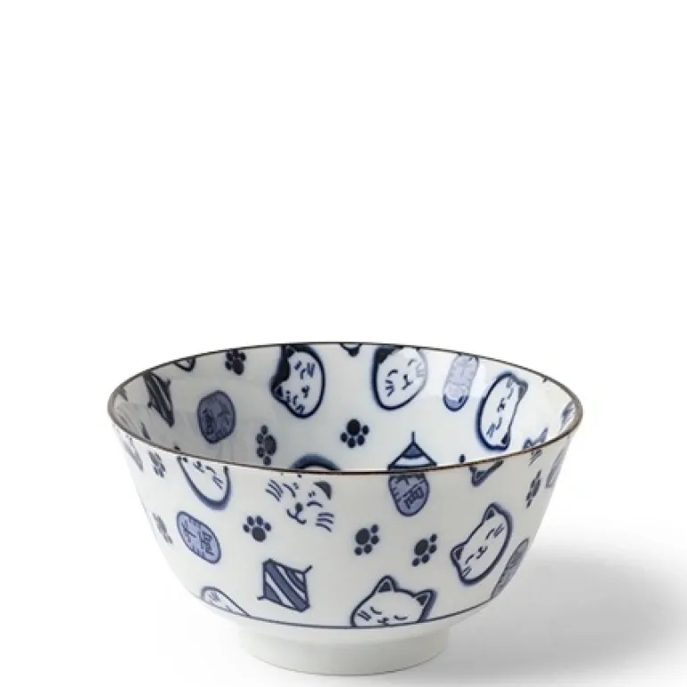Maneki Neko Fortune Cat Pattern Blue and White Bowl Made in Japan Available at Miya.